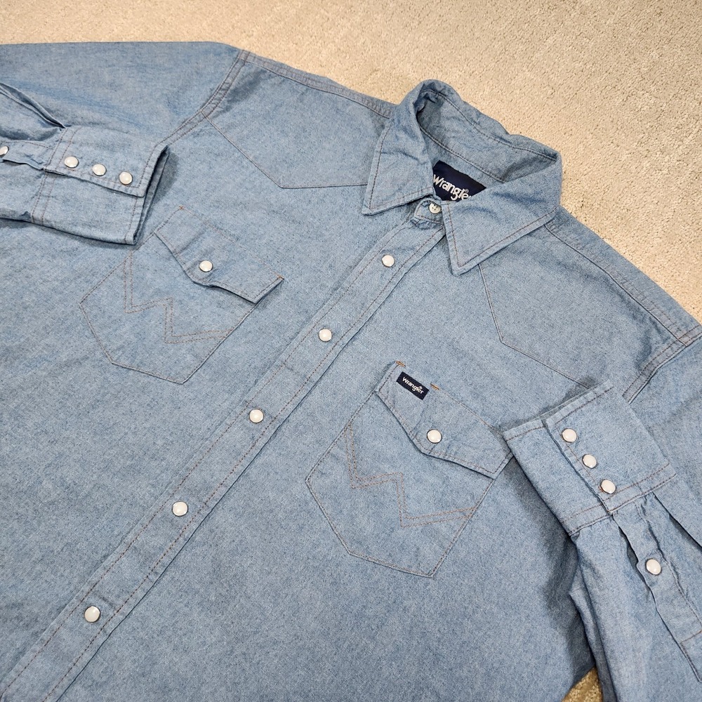 Vintage Wrangler Shirt Men XL Chambray Pearl Snap Button Lightweight Denim Rodeo
